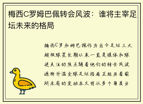 梅西C罗姆巴佩转会风波：谁将主宰足坛未来的格局
