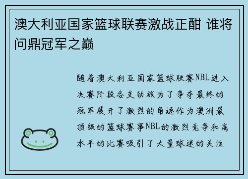 澳大利亚国家篮球联赛激战正酣 谁将问鼎冠军之巅