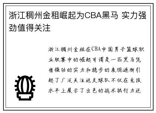 浙江稠州金租崛起为CBA黑马 实力强劲值得关注